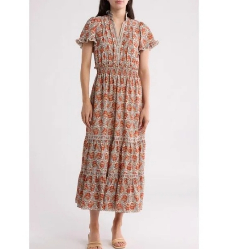 NWT Max Studio Floral Ruffle Cottage Romantic Feminine Collar Dress